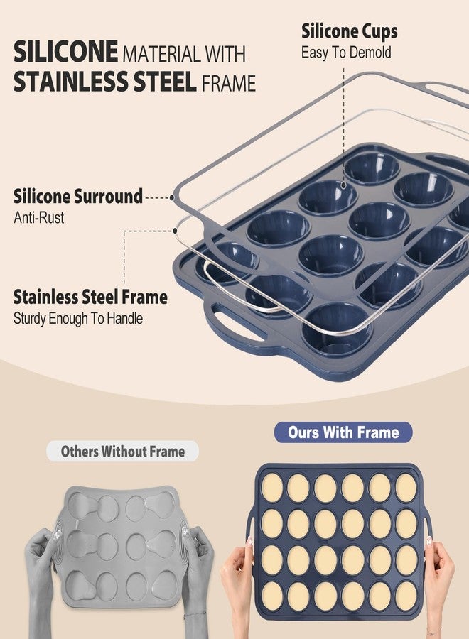 Vnray 2 Pack Silicone Muffin Pan 12 and 24 Cup with Metal Frame,Non Stick Silicone Mini Cupcake Pan with Handles, BPA Free Silicon Regular Muffin Tin Tray Small for baking, egg bites, Mold Grey - Image 4