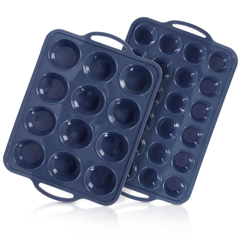 Vnray 2 Pack Silicone Muffin Pan 12 and 24 Cup with Metal Frame,Non Stick Silicone Mini Cupcake Pan with Handles, BPA Free Silicon Regular Muffin Tin Tray Small for baking, egg bites, Mold Grey - Image 1