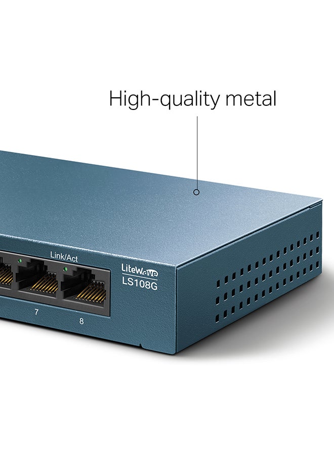 تي بي لينك فقط قم بتوصيل وتشغيل سويتش LS108G للكمبيوتر المكتبي بـ8 منافذ جيجابت بهيكل من الاستانلس ستيل وبتصميم للتثبيت على الحائط لتحديد أولوية حركة الاتصالات وبخاصية التعامل التلقائي أزرق - Image 4