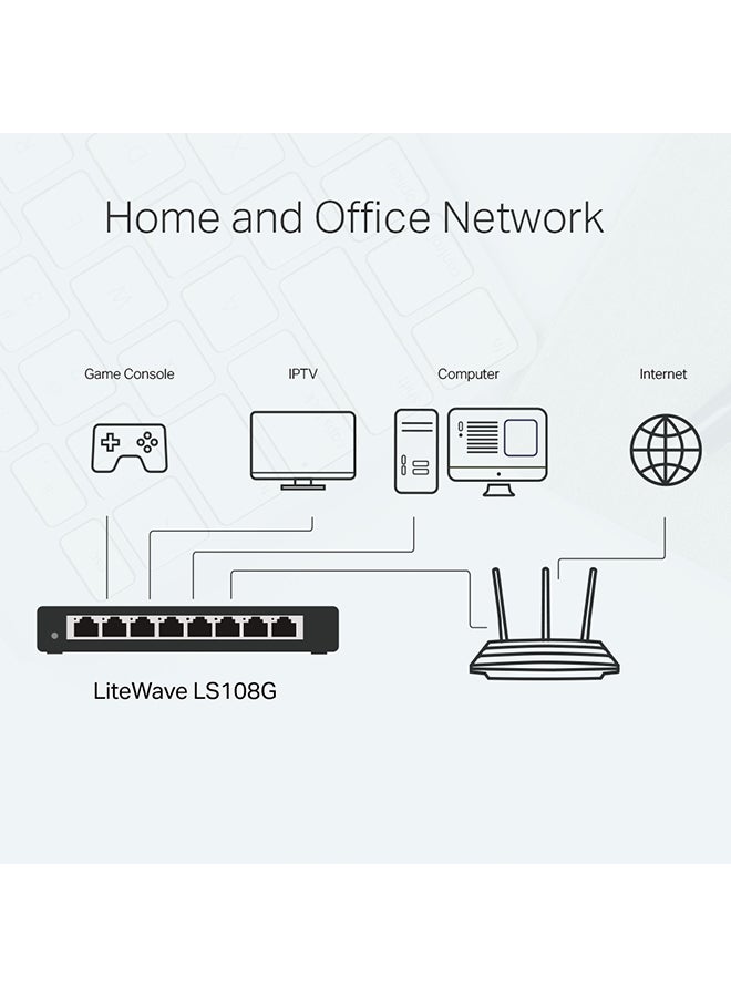 تي بي لينك فقط قم بتوصيل وتشغيل سويتش LS108G للكمبيوتر المكتبي بـ8 منافذ جيجابت بهيكل من الاستانلس ستيل وبتصميم للتثبيت على الحائط لتحديد أولوية حركة الاتصالات وبخاصية التعامل التلقائي أزرق - Image 5