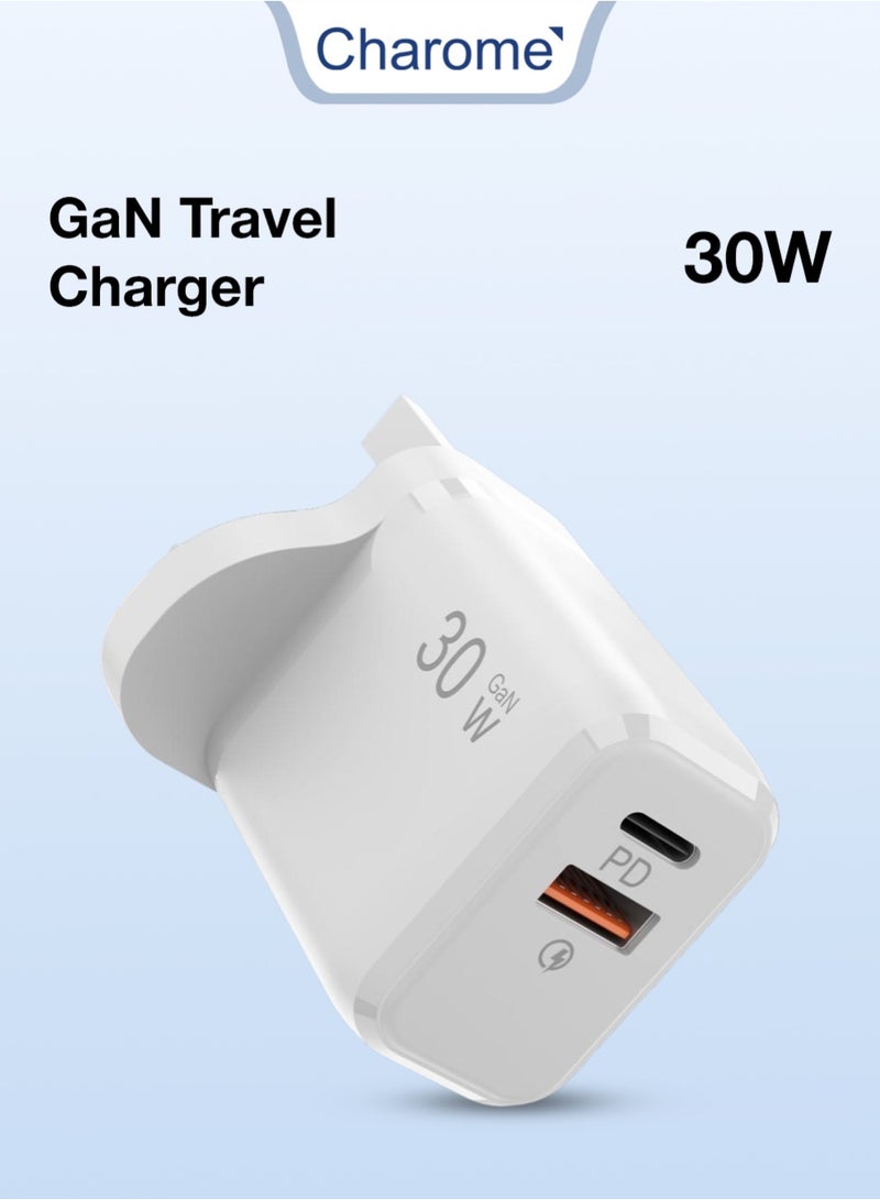 Charome C30B 30W PD GaN Fast Charger Set (USB-C + USB-A) UK Plug – Dual Port Power Adapter with Type-C Cable, Super Fast Charging - Image 1
