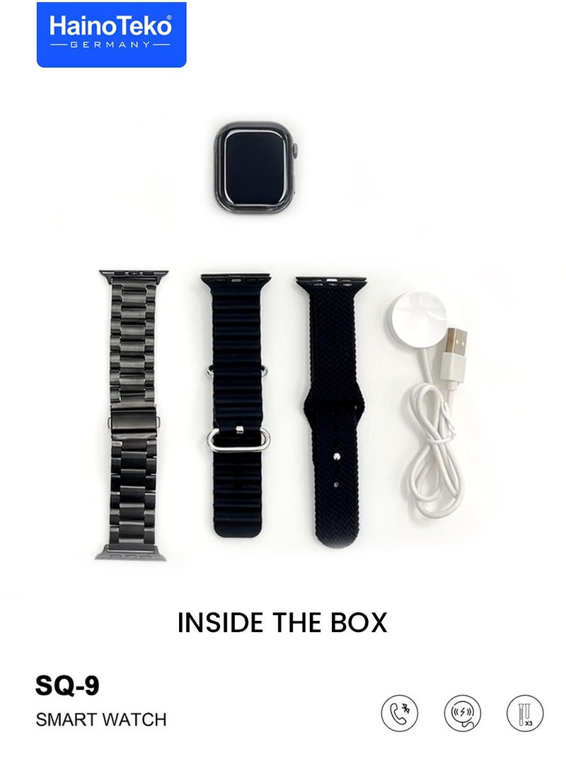 SQ9 Full Screen AMOLED Display Smart Watch With 3 Pair Straps and Wireless Charger for Ladies and Gents