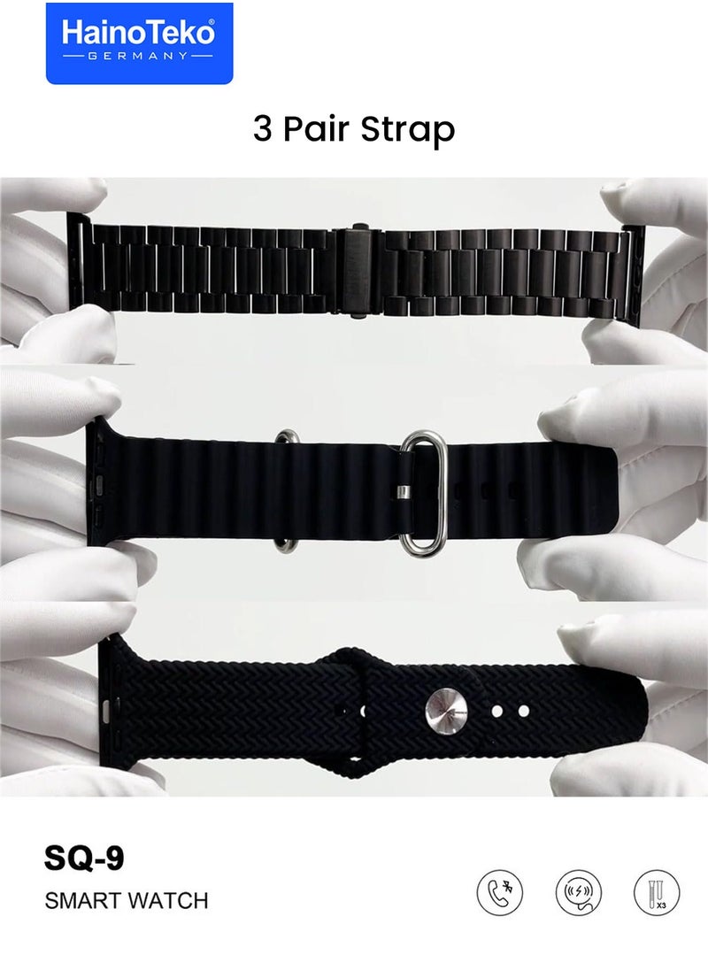 SQ9 Full Screen AMOLED Display Smart Watch With 3 Pair Straps and Wireless Charger for Ladies and Gents