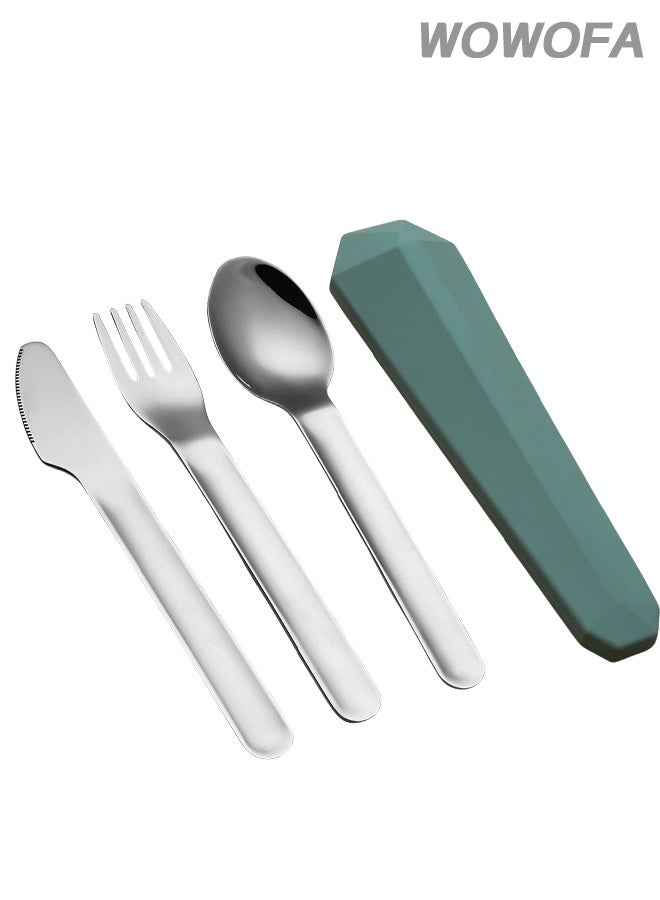 wowofa 4-piece Camping cutlery set，Stainless steel material，with Silicone Case, Travel Utensils with Pouch, Reusable Fork Spoon and Knife, Cutlery for Lunch Box Kids School, Camping Outdoor, (green) - Image 1
