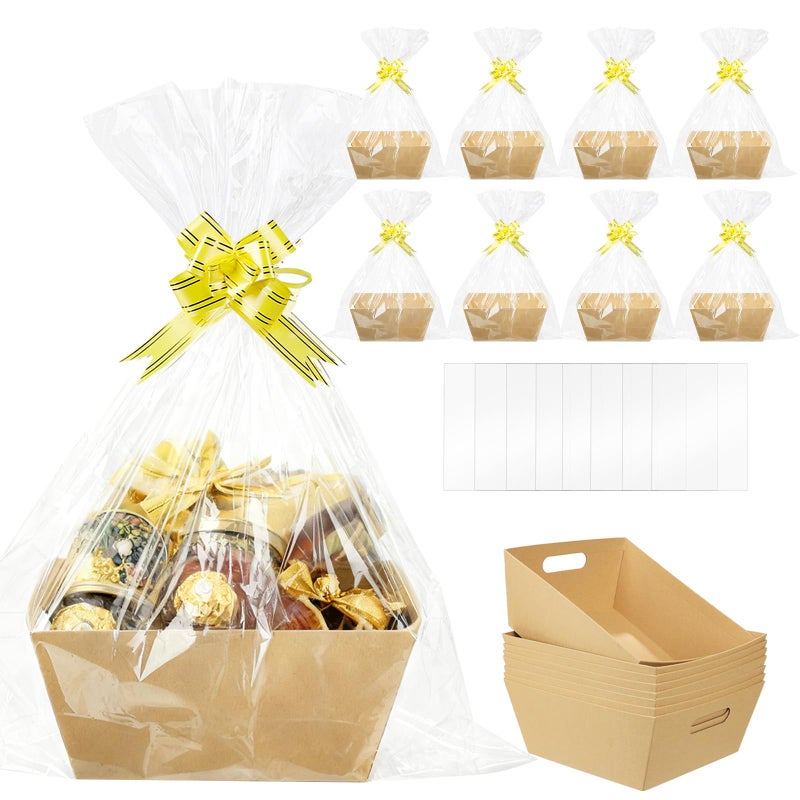 Ysglory 8Pcs Empty Gift Basket Set Thick Kraft Cardboard Basket to Fill with 8 Wrap Bags 8 Bows Large Gift Baskets Box for Christmas, Valentineâ€™s Day, Birthday, Thanksgiving, Wedding - Image 1