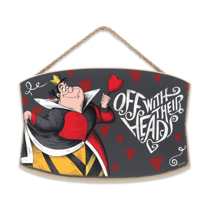 Open Road Brands Disney Alice in Wonderland Queen of Hearts Hanging Wood Wall Decor - Playful Off With Their Heads Disney Villains Sign - Image 1