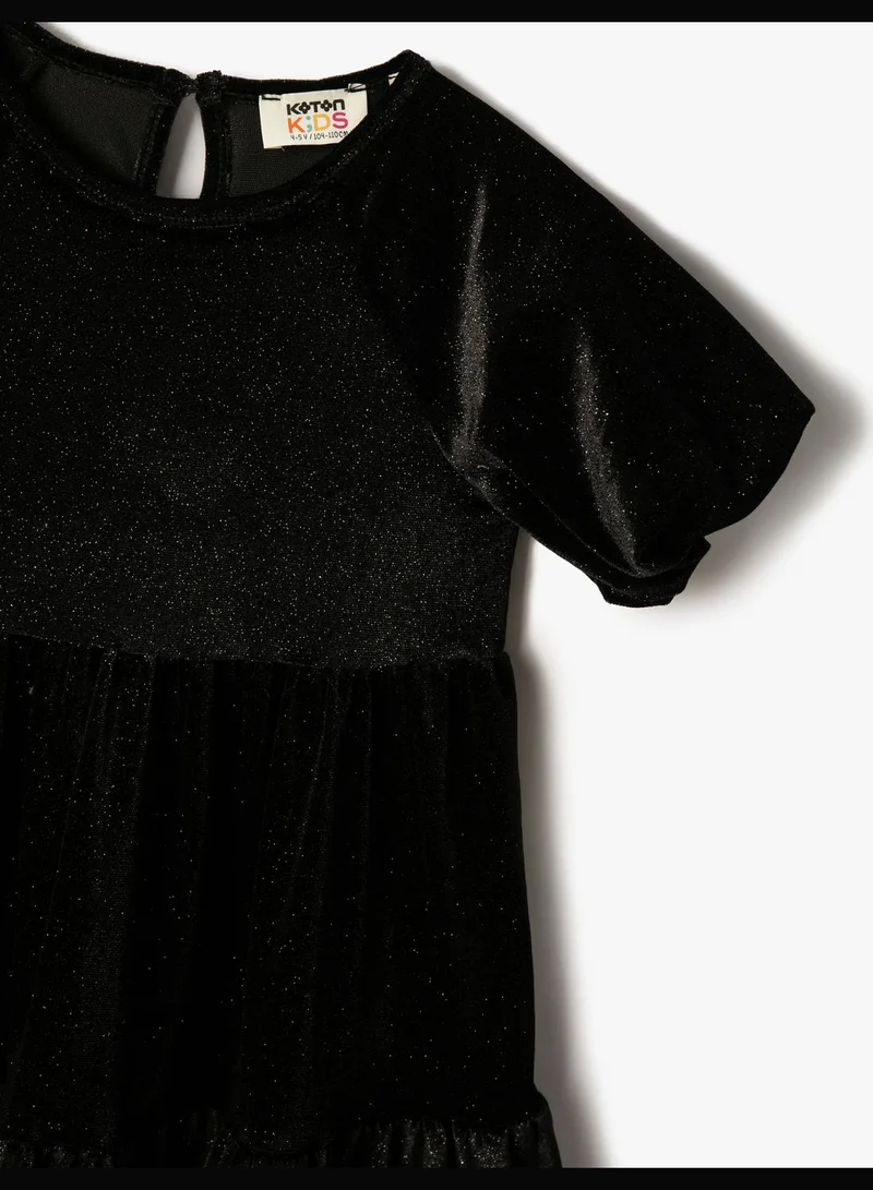 KOTON Velvet Glittery Dress Short Puff Sleeve Tiered Round Collar