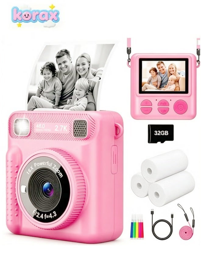 KORAX Kids Camera Instant Print, Safe Toddler Camera, HD Digital Cameras Kids Camera Toys for Toddler 1080P HD Selfie Digital Camera with Print Paper  & 64G SD Card, 2.4‘’Screen Instant Print Cameras for Kids, 4 5 6 7 8 9 10 Year Old Girl & Boy Birthday Gifts, Pink - Image 1