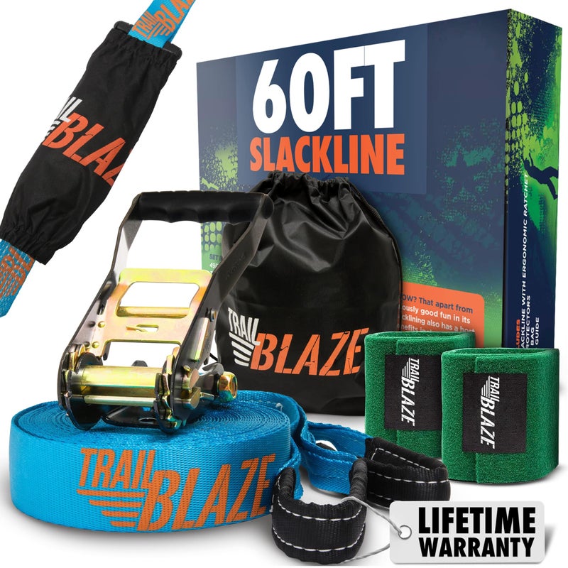 Trailblaze Complete Slackline Kit 60ft - Wider Tree Protectors Slack Lines for Backyard for Kids Adults | Ninja Warrior Obstacle Course Slack Line Set for Kids - Image 1