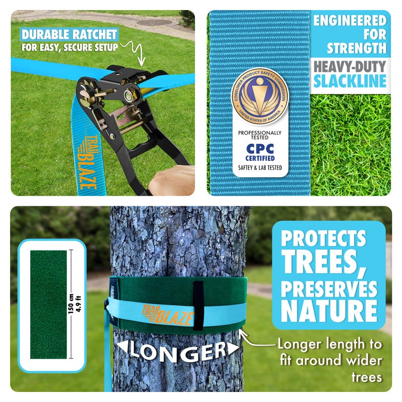 Trailblaze Complete Slackline Kit 60ft - Wider Tree Protectors Slack Lines for Backyard for Kids Adults | Ninja Warrior Obstacle Course Slack Line Set for Kids - Image 3