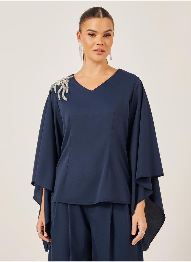 Styli Embellished V-Neck Top and Wide Leg Pants Co-Ords  - Image 2
