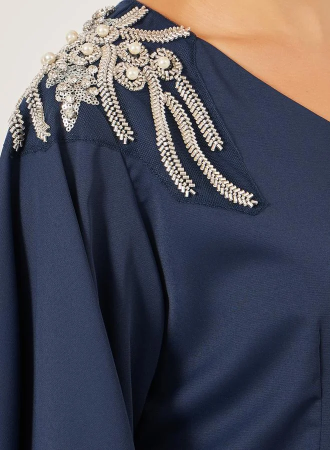 Styli Embellished V-Neck Top and Wide Leg Pants Co-Ords