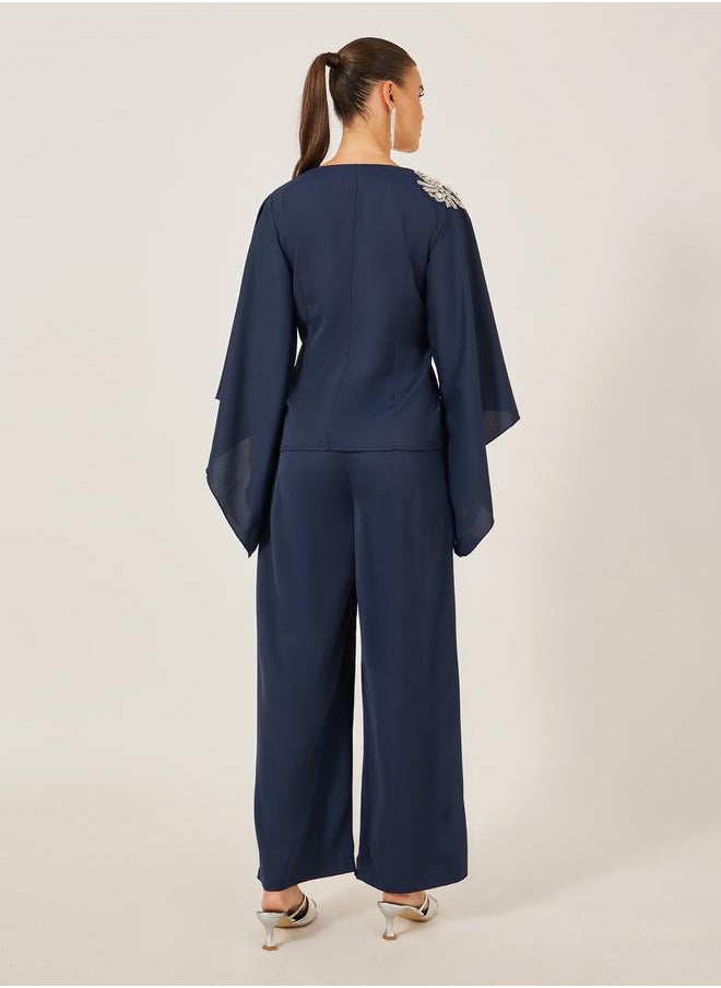 Styli Embellished V-Neck Top and Wide Leg Pants Co-Ords  - Image 4