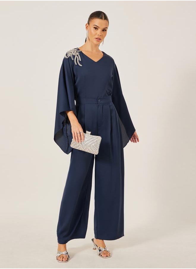 Styli Embellished V-Neck Top and Wide Leg Pants Co-Ords  - Image 1