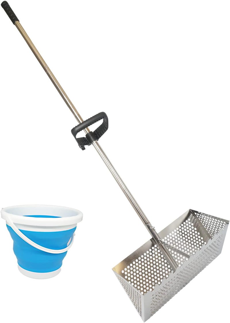 MEEGOON Sand Fleas Rake, Stainless Steel Sand Sifter, Detachable 47 Inches Long Handle, Collapsible Shark Tooth Sifter for beach,Sand Crab Catcher with Foldable Pail . - Image 1