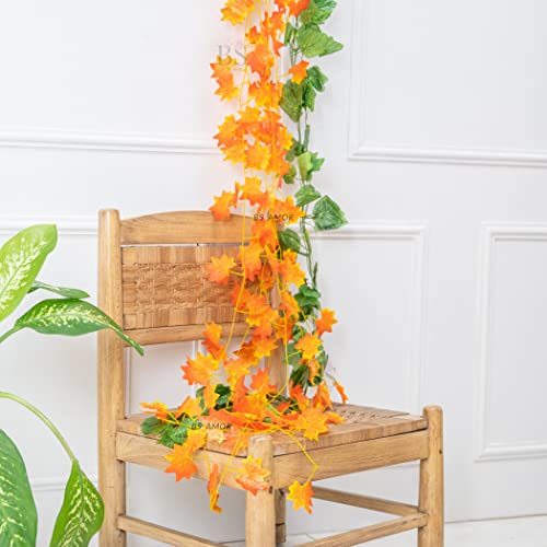 BS AMOR Wall Hangings Home Decor Creeper Flower Plant Bedroom/Balcony/Garden/Living Room Orange Green Pack of 4 Strings (2 Orange + 2 Green) - Image 1