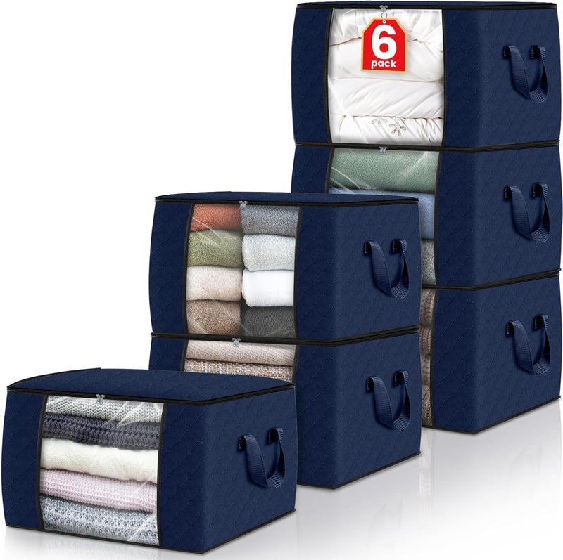 Fab totes 6 Pack Clothes Storage, Foldable Blanket Storage Bags, Storage Containers for Organizing Bedroom, Closet, Clothing, Comforter, Organization and Storage with Lids and Handle, Blue - Image 1