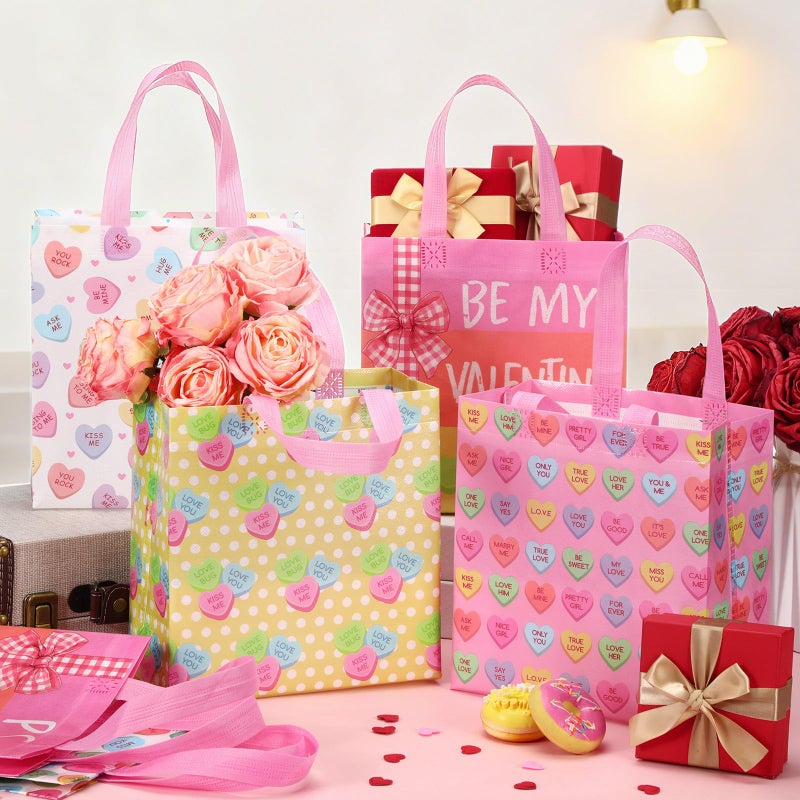 Wesnoy 48 Pcs Valentine's Day Gift Bags Bulk with Handle Non Woven Reusable Pink Red Treat Candy Conversation Bags for Classroom Gift Exchange Goodies Wrapping Party Supplies, 9 x 4.3 x 8.6 Inch - Image 4