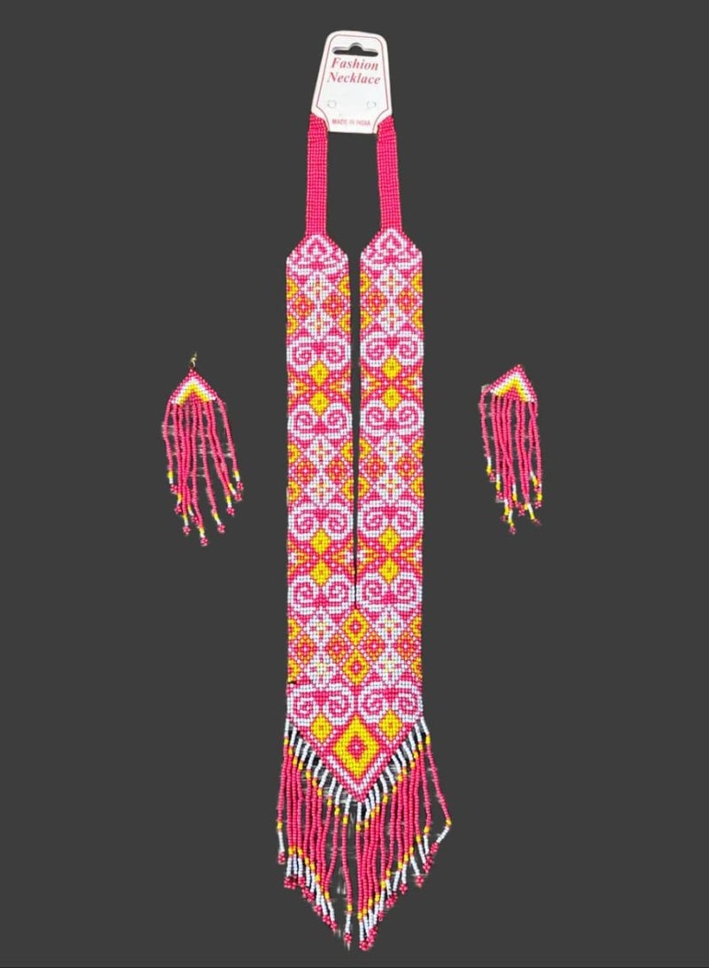 Handmade Indian Necklace & Earrings Set – Colorful Natural Beads + Tassels | Cotton Tie | 38 cm | 2025 Trend