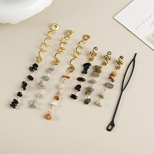 FRDTLUTHW Hair Jewelry Dreadlock Accessories, Natura Stone Hair Charms for Braids, Hair Ring Crystal Hair Accessories for Women(Black, pack of 6) - Image 5