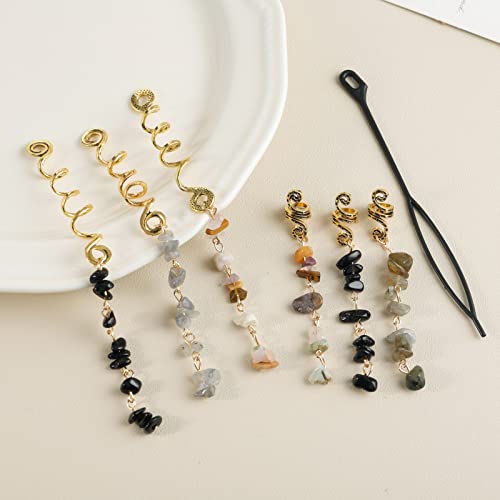 FRDTLUTHW Hair Jewelry Dreadlock Accessories, Natura Stone Hair Charms for Braids, Hair Ring Crystal Hair Accessories for Women(Black, pack of 6) - Image 4