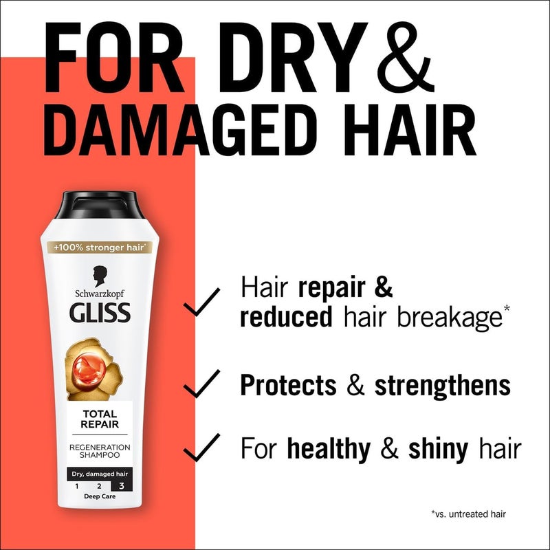 Gliss Total Repair Shampoo, 250ml — Experience complete hair renewal with this repairing shampoo, formulated to strengthen and protect damaged strands from root to tip - Image 2