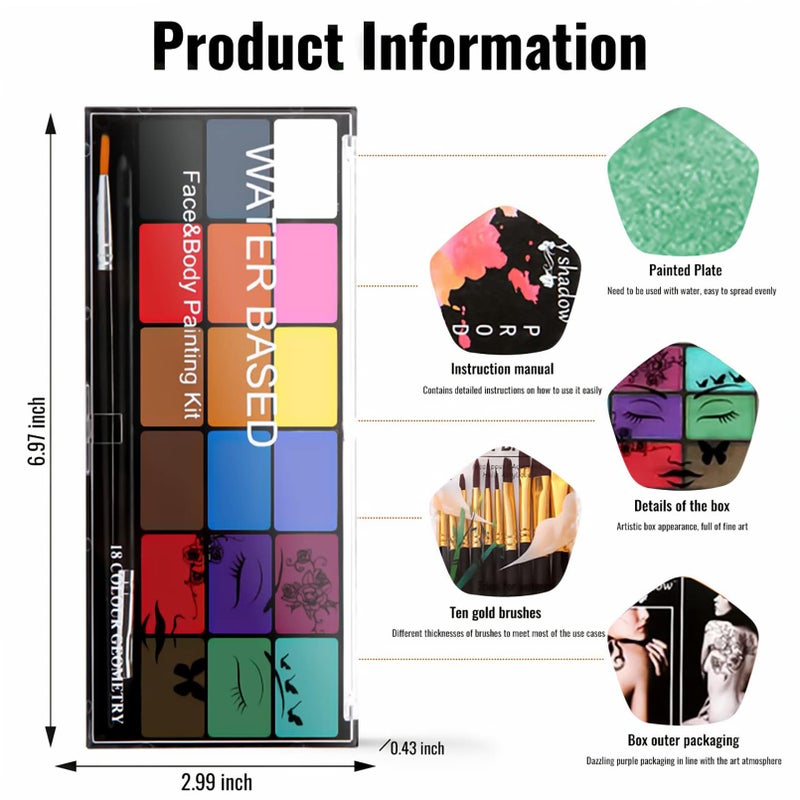 BRIMFULITE Face Painting Kit Non-toxic Body Paint Washable 18 Colors Facepaint Makeup Kit for Adults with 10 Face Paint Brushes for Halloween Party Cosplay Makeup (Color 001) - Image 3