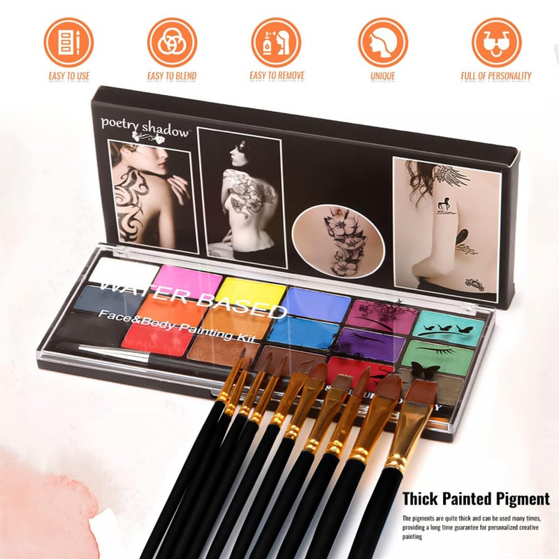 BRIMFULITE Face Painting Kit Non-toxic Body Paint Washable 18 Colors Facepaint Makeup Kit for Adults with 10 Face Paint Brushes for Halloween Party Cosplay Makeup (Color 001) - Image 5