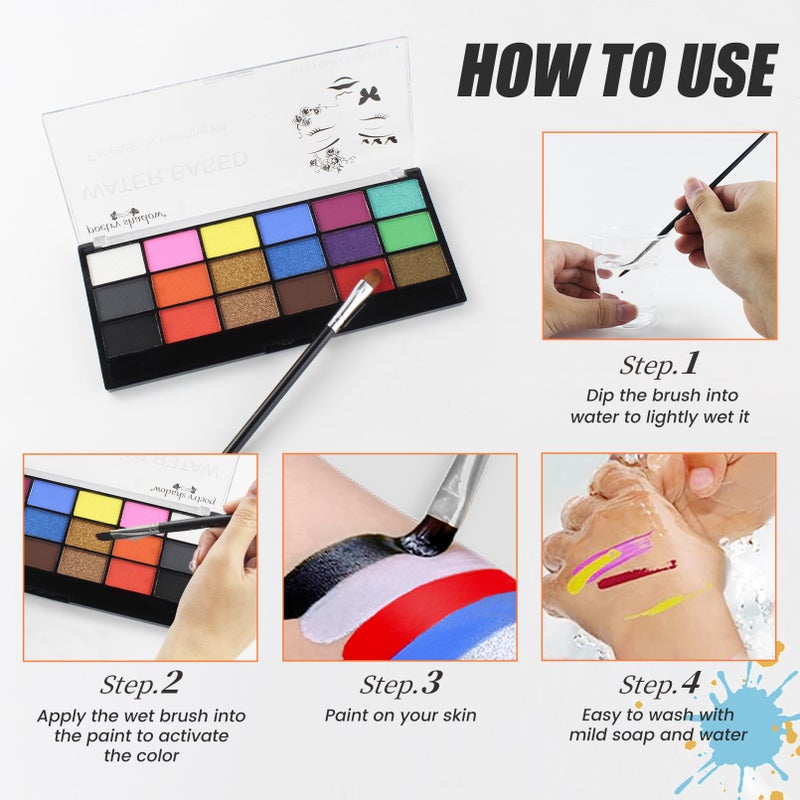 BRIMFULITE Face Painting Kit Non-toxic Body Paint Washable 18 Colors Facepaint Makeup Kit for Adults with 10 Face Paint Brushes for Halloween Party Cosplay Makeup (Color 001) - Image 4