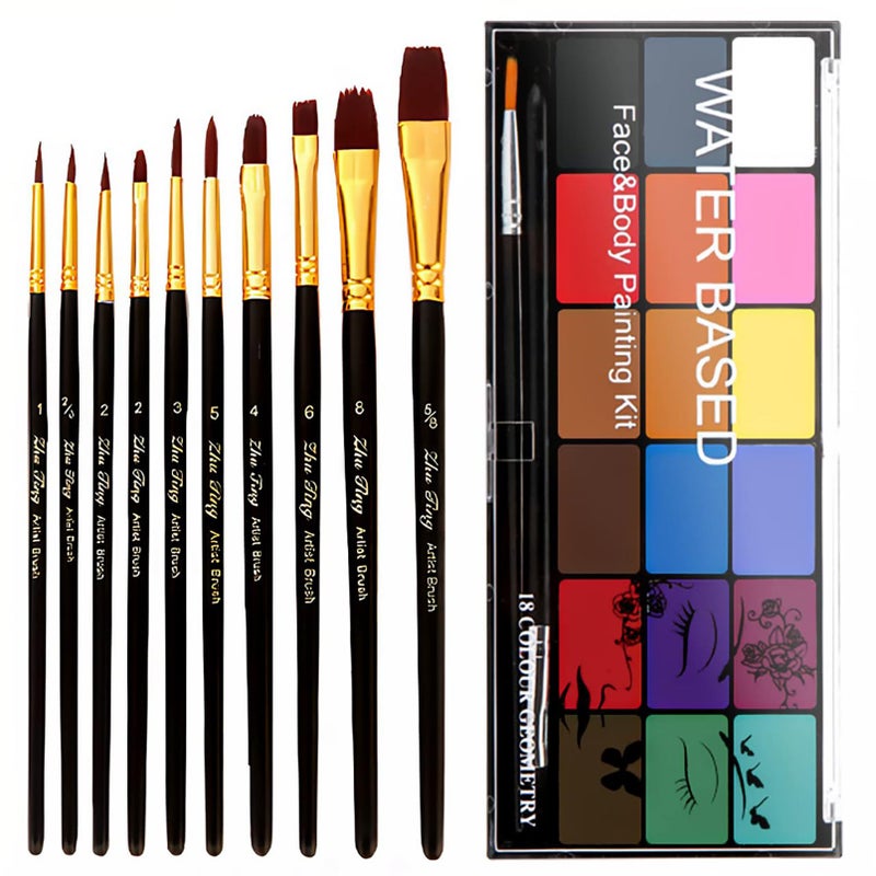 BRIMFULITE Face Painting Kit Non-toxic Body Paint Washable 18 Colors Facepaint Makeup Kit for Adults with 10 Face Paint Brushes for Halloween Party Cosplay Makeup (Color 001) - Image 1