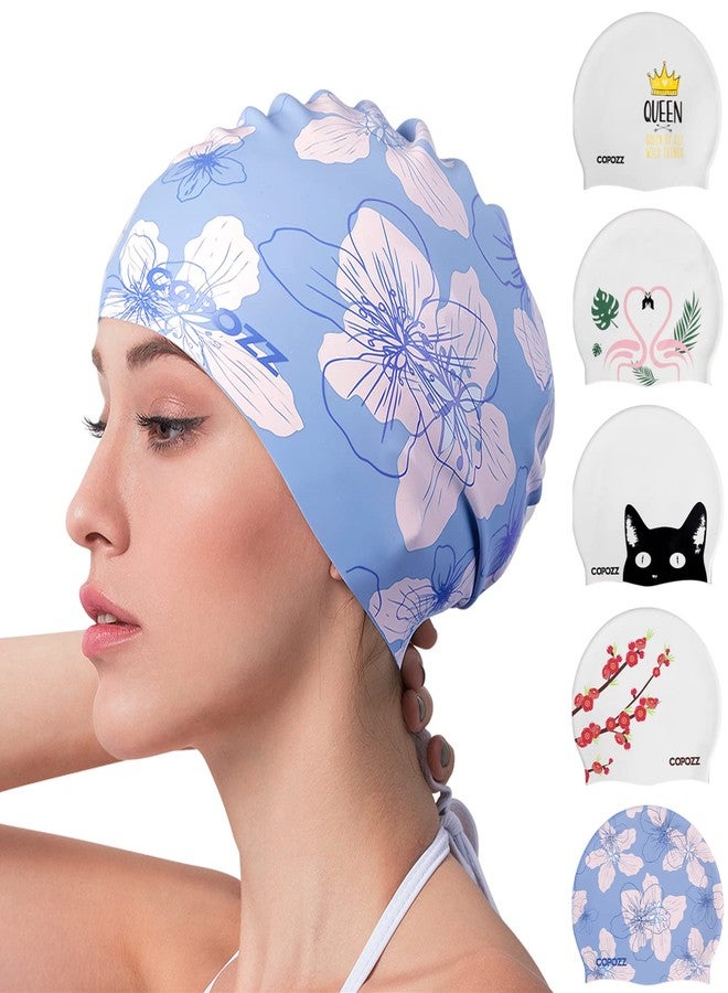 COPOZZ Kids/Adult Swim Caps, Silicone Waterproof Comfy Bathing Cap Swimming Hat for Long and Short Hair (Blue Flower-12yrs+) - Image 1