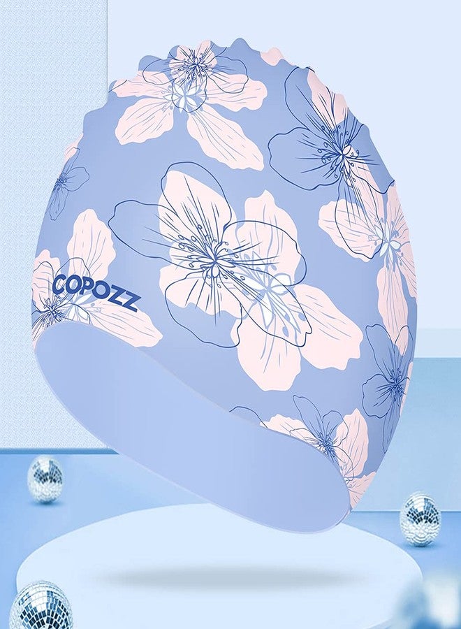 COPOZZ Kids/Adult Swim Caps, Silicone Waterproof Comfy Bathing Cap Swimming Hat for Long and Short Hair (Blue Flower-12yrs+) - Image 2