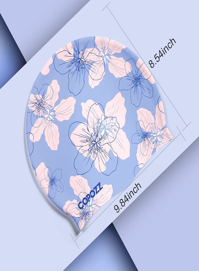 COPOZZ Kids/Adult Swim Caps, Silicone Waterproof Comfy Bathing Cap Swimming Hat for Long and Short Hair (Blue Flower-12yrs+) - Image 5