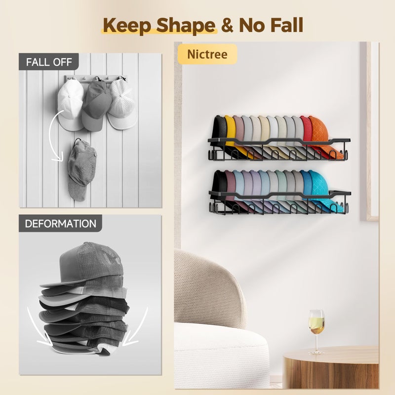 Nicetree Hat Rack for Wall - 2 Pack Metal Hat Organizer for Baseball Caps - Heavy Duty Wall Mounted Baseball Cap Organizer and Hat Storage for Closet Wall or Bedroom - Holds 48 Caps,Black - Image 3