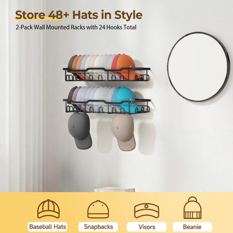 Nicetree Hat Rack for Wall - 2 Pack Metal Hat Organizer for Baseball Caps - Heavy Duty Wall Mounted Baseball Cap Organizer and Hat Storage for Closet Wall or Bedroom - Holds 48 Caps,Black - Image 2