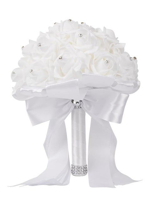 Wedding Bouquets Flower Bridal Bridesmaid Hand Bouquet Crystal Artificial Rose Flowers For Bride Wedding Party And Church (White)