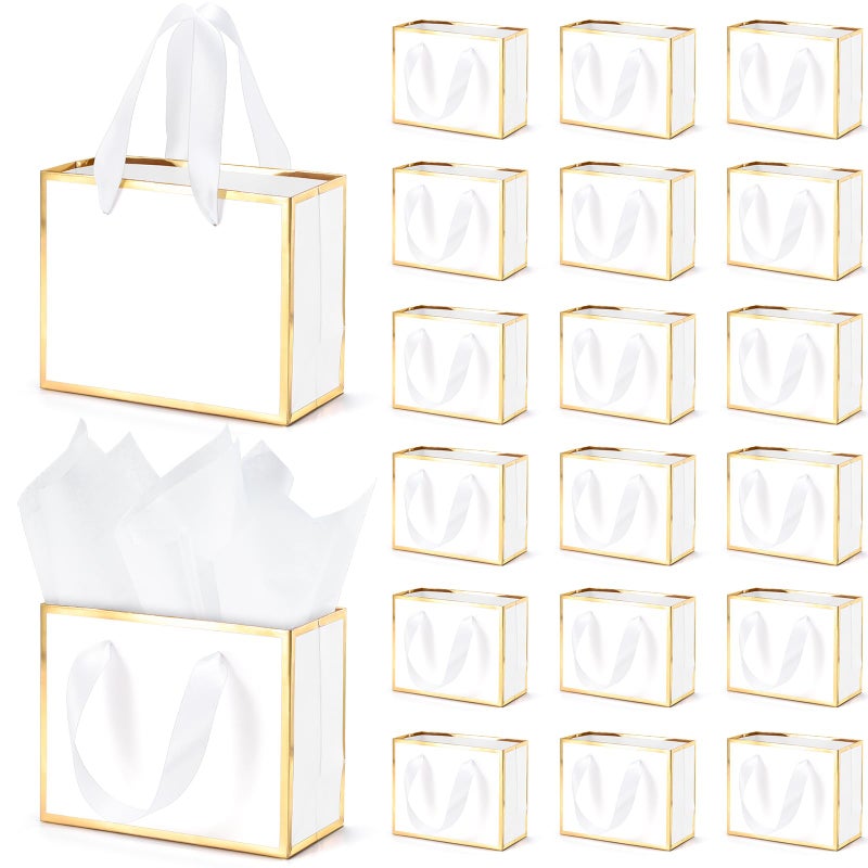 EQOREIIN 30 Pcs Small Metallic Foil Gift Bags with Handles, White Gold Thank You Favor Bag with Tissue Paper for Back to School Baby Shower Wedding Mother's Day Christmas Party (6.4x3.1x5.1 Inch) - Image 1