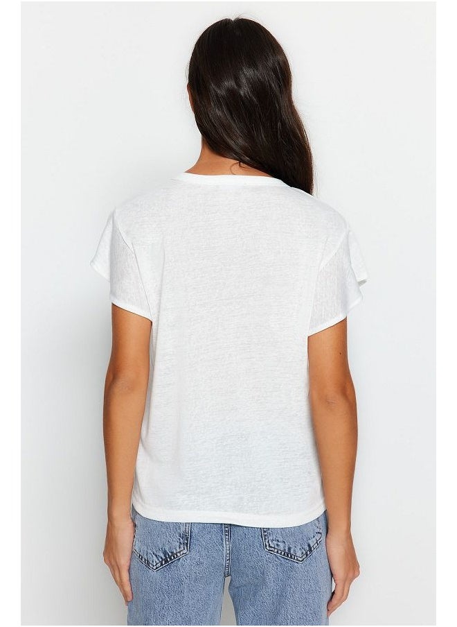 trendyol White V-Neck Linen Look Buttoned Ruffle Regular Pattern Knitted T-Shirt  - Image 3
