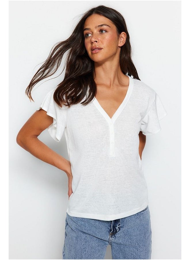 trendyol White V-Neck Linen Look Buttoned Ruffle Regular Pattern Knitted T-Shirt  - Image 2