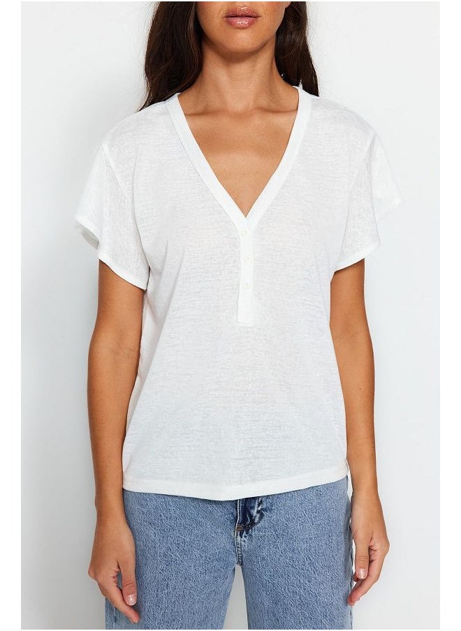 trendyol White V-Neck Linen Look Buttoned Ruffle Regular Pattern Knitted T-Shirt  - Image 1