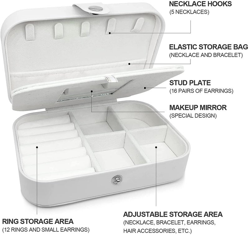 HSR Travel Jewelry Box, PU Leather Small Jewelry Organizer for Women Girls, Double Layer Portable Mini Travel Case Display Storage Holder Boxes for Stud Earrings, Rings, Necklaces, Bracelets (White) - Image 2