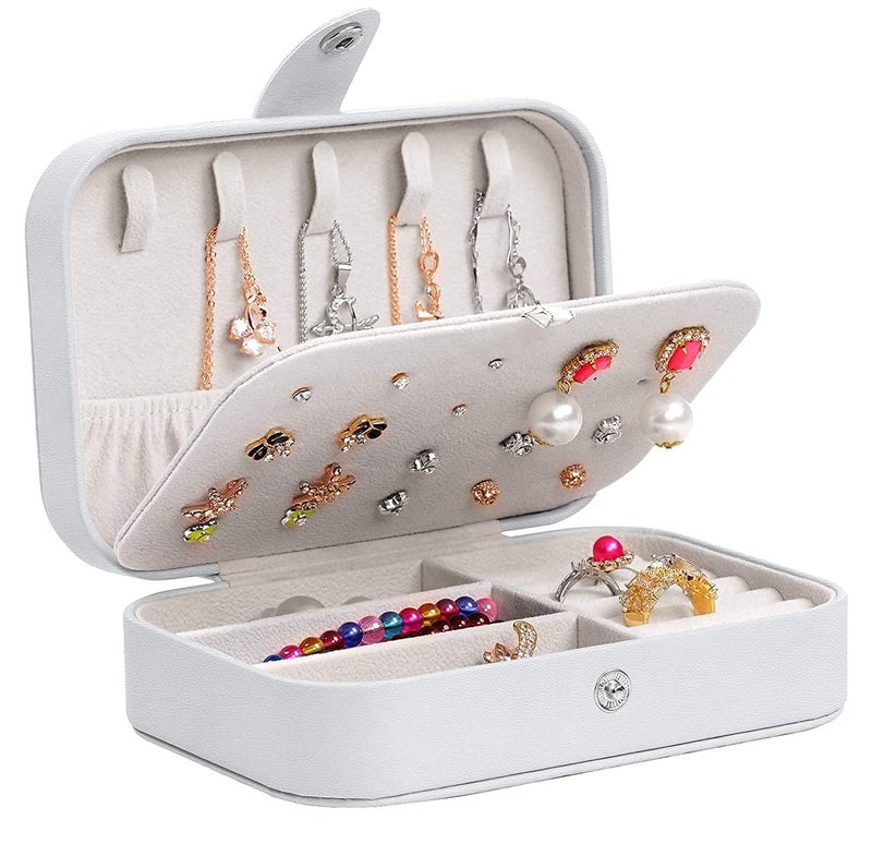 HSR Travel Jewelry Box, PU Leather Small Jewelry Organizer for Women Girls, Double Layer Portable Mini Travel Case Display Storage Holder Boxes for Stud Earrings, Rings, Necklaces, Bracelets (White) - Image 1