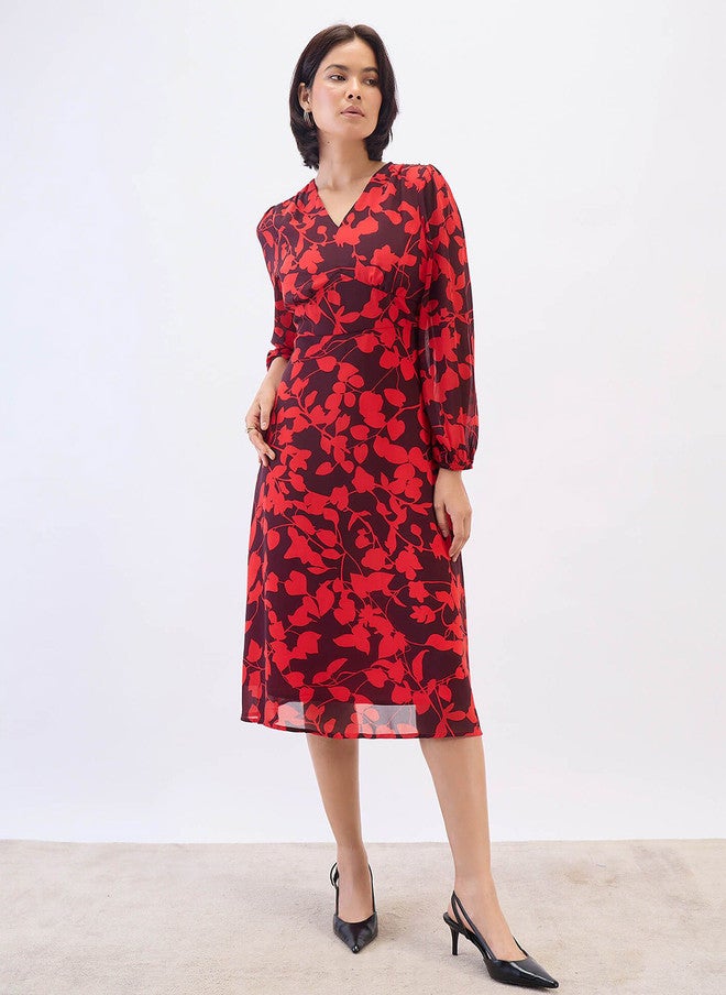 SALT ATTIRE Floral Printed Puff Sleeves Chiffon Midi Dress - Image 1