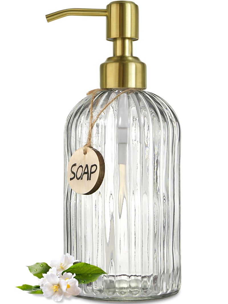 JASAI 18Oz Glass Soap Dispenser with Golden Pump for Kitchen,Refillable Liquid Hand soap Dispenser with Vertical Stripe, Clear Soap Dispenser Bathroom for Hand soap, Dish Soap, Lotion - Image 1