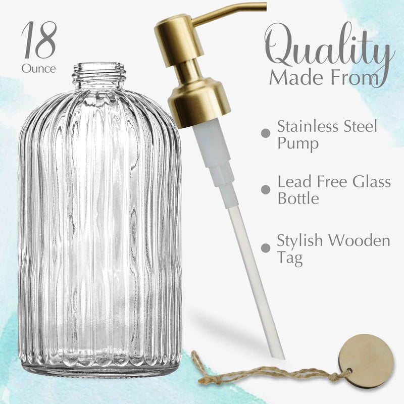 JASAI 18Oz Glass Soap Dispenser with Golden Pump for Kitchen,Refillable Liquid Hand soap Dispenser with Vertical Stripe, Clear Soap Dispenser Bathroom for Hand soap, Dish Soap, Lotion - Image 2