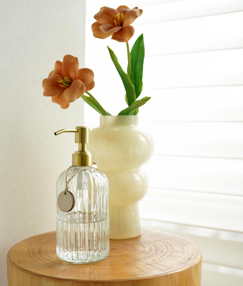JASAI 18Oz Glass Soap Dispenser with Golden Pump for Kitchen,Refillable Liquid Hand soap Dispenser with Vertical Stripe, Clear Soap Dispenser Bathroom for Hand soap, Dish Soap, Lotion - Image 5