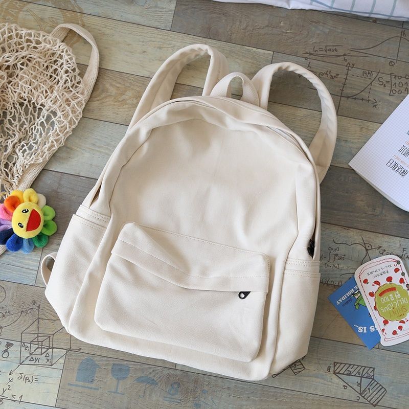 Solid Color Canvas Black And White Versatile Backpack Female School Bag Female College Student Middle School Simple Fashion Backpack Female Backpack - Image 3