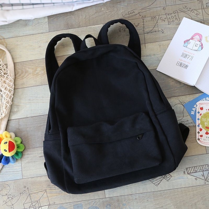 Solid Color Canvas Black And White Versatile Backpack Female School Bag Female College Student Middle School Simple Fashion Backpack Female Backpack - Image 5