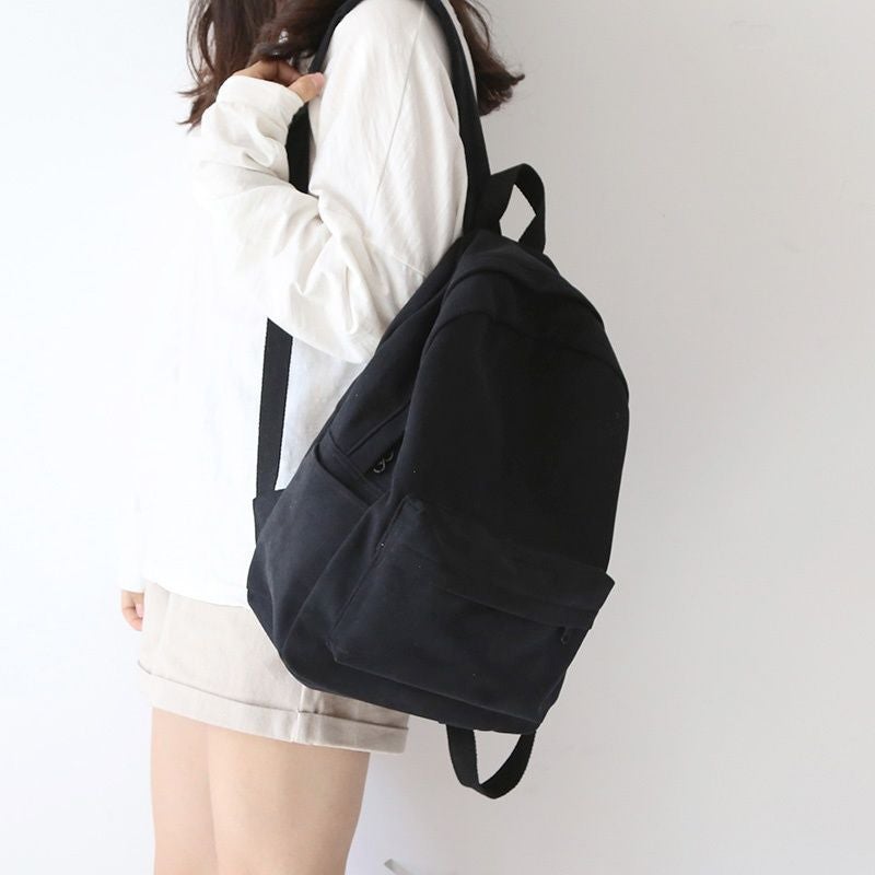 Solid Color Canvas Black And White Versatile Backpack Female School Bag Female College Student Middle School Simple Fashion Backpack Female Backpack - Image 1