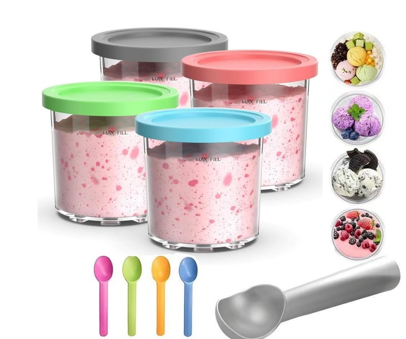 Pint Containers 4 Pack Replacement for Ninja Creami Pints and Lids with Spoon 16oz Ice Cream Cups for Ninja Deluxe Series
